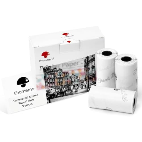 Transparente Aufkleberpapier-Etiketten für Phomemo T02 Drucker, transparentes thermisches selbstklebendes Papier, langfristige Konservierung, 50 mm x 3,5 m, 3 Rollen enthalten (transparente, von Blendio