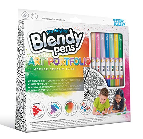 Blendy Pens Art Portfolio Set mit 14 Filzstifte, 7 Farbstifte Mischkammern, 8 magische Poster, 2 Schablonen und Airbrush, Marker in 14 Farben für tolle Farbverläufe, Kreativset für Kinder ab 6 Jahren von Blendy Pens