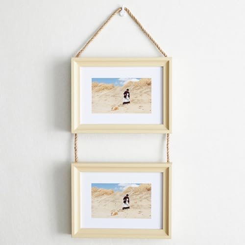 BlesConi Doppel-Bilderrahmen mit rustikalem Harz-Design und Juteseil-Aufhängung, Wandmontage, Fotohalter für Kinder- oder Familienporträts in Walnuss/Holzmaserung, Weiß/Eiche von BlesConi