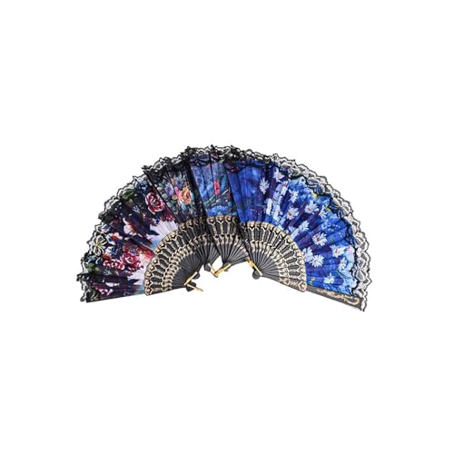 BlesConi Spanischer Handfächer mit Blumendruck, Satinstoff, tragbarer Tanzfächer für Hochzeit, Party, Cosplay, Kühlung, 12 Stück von BlesConi