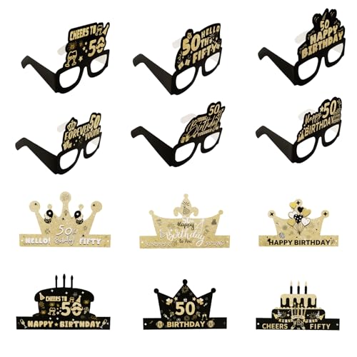 12 Stück 50. Geburtstag Dekorationen, Erwachsene Papier Geburtstag Brille Hüte für Männer Frauen 50. Party Foto Booth Requisiten für Geburtstage Party Dekorationen, lustige Foto-Requisiten (schwarz) von Bliceon