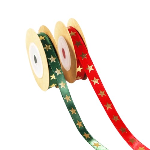 2 Rollen Weihnachtsband, Geschenkband zum Basteln, Rot- und Grüngold-Stern-Satinbänder, Xam-Muster, umwickeltes Seil für Party-Dekorationen, Geschenkverpackung, Geburtstag von Bliceon