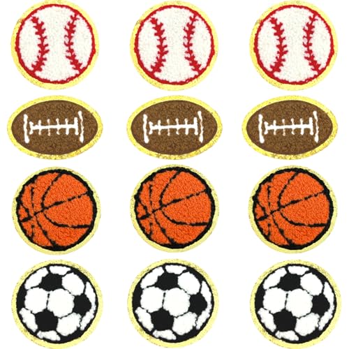 Bliceon Chenille-Bügelflicken, Fußball, Baseball, Basketball, Rugby, besticktes DIY-Reparatur-Set für Kinderrucksäcke, Kleidung, Hüte, Jeans und Hosen, 12-teiliges Applikationszubehör von Bliceon