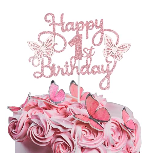 Bliceon Tortenaufsatz zum 1. Geburtstag, rosa 3D-Schmetterlings-Kuchenaufsätze, rosa Schmetterlingsparty-Dekorationen für Kuchen, Dekorationen, Mädchen, 1 Jahr alte Geburtstagsfeier von Bliceon