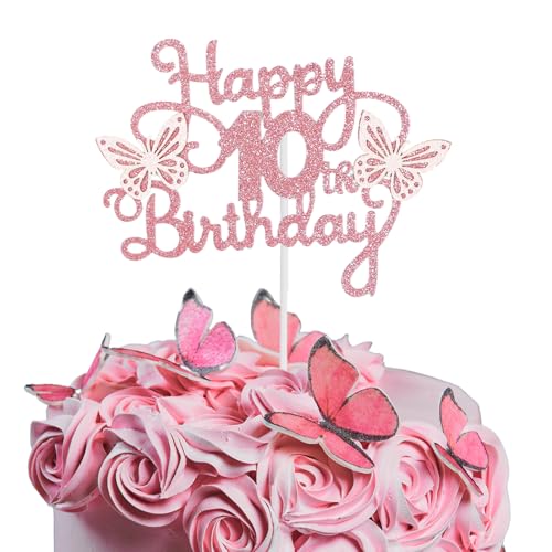 Bliceon Tortenaufsatz zum 10. Geburtstag, rosa 3D-Schmetterlings-Kuchenaufsätze, rosa Schmetterlingsparty-Dekorationen für Kuchen, Dekorationen, Mädchen, 10 Jahre alte Geburtstagsfeier von Bliceon