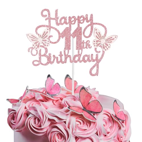 Bliceon Tortenaufsatz zum 11. Geburtstag, rosa 3D-Schmetterlings-Kuchenaufsätze, rosa Schmetterlingsparty-Dekorationen für Kuchen, Dekorationen, Mädchen, 11 Jahre alte Geburtstagsfeier von Bliceon