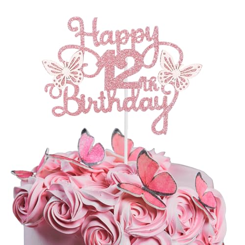 Bliceon Tortenaufsatz zum 12. Geburtstag, rosa 3D-Schmetterlings-Kuchenaufsätze, rosa Schmetterlingsparty-Dekorationen für Kuchen, Dekorationen, Mädchen, 12 Jahre alte Geburtstagsfeier von Bliceon