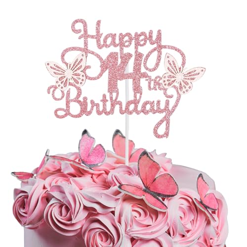 Bliceon Tortenaufsatz zum 14. Geburtstag, rosa 3D-Schmetterlings-Kuchenaufsätze, rosa Schmetterlingsparty-Dekorationen für Kuchendekorationen, Mädchen, 14 Jahre alte Geburtstagsfeier von Bliceon