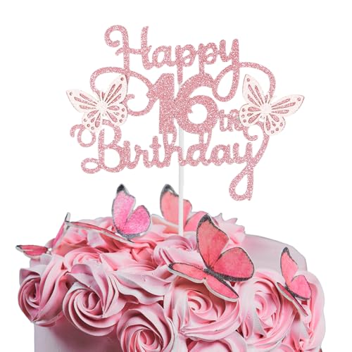 Bliceon Tortenaufsatz zum 16. Geburtstag, rosa 3D-Schmetterlings-Kuchenaufsätze, rosa Schmetterlingsparty-Dekorationen für Kuchendekorationen, Mädchen, 16 Jahre alte Geburtstagsfeier von Bliceon