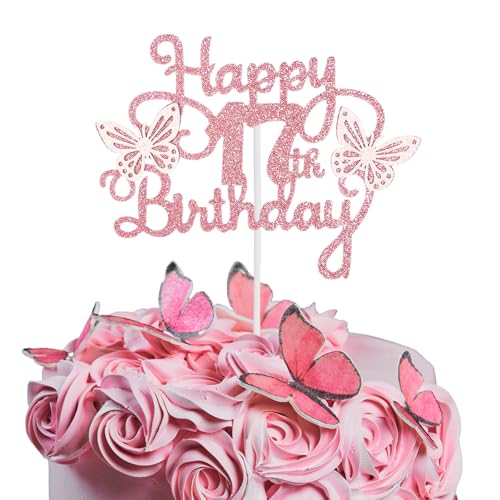 Bliceon Tortenaufsatz zum 17. Geburtstag, rosa 3D-Schmetterlings-Kuchenaufsätze, rosa Schmetterlingsparty-Dekorationen für Kuchen, Dekorationen, Mädchen, 17 Jahre alte Geburtstagsfeier von Bliceon