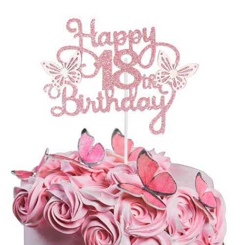 Bliceon Tortenaufsatz zum 18. Geburtstag, rosa 3D-Schmetterlings-Kuchenaufsätze, rosa Schmetterlingsparty-Dekorationen für Kuchen, Dekorationen, Mädchen, 18 Jahre alte Geburtstagsfeier von Bliceon