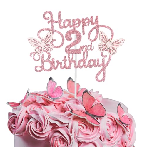 Bliceon Tortenaufsatz zum 2. Geburtstag, rosa 3D-Schmetterlings-Kuchenaufsätze, rosa Schmetterlingsparty-Dekorationen für Kuchen, Dekorationen, Mädchen, 2 Jahre alte Geburtstagsfeier von Bliceon