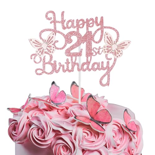 Bliceon Tortenaufsatz zum 21. Geburtstag, rosa 3D-Schmetterlings-Kuchenaufsätze, rosa Schmetterlingsparty-Dekorationen für Kuchen, Dekorationen, Mädchen, 21 Jahre alte Geburtstagsfeier von Bliceon