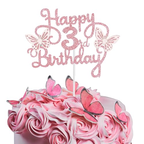 Bliceon Tortenaufsatz zum 3. Geburtstag, rosa 3D-Schmetterlings-Kuchenaufsätze, rosa Schmetterlingsparty-Dekorationen für Kuchen, Dekorationen, Mädchen, 3 Jahre alte Geburtstagsfeier von Bliceon