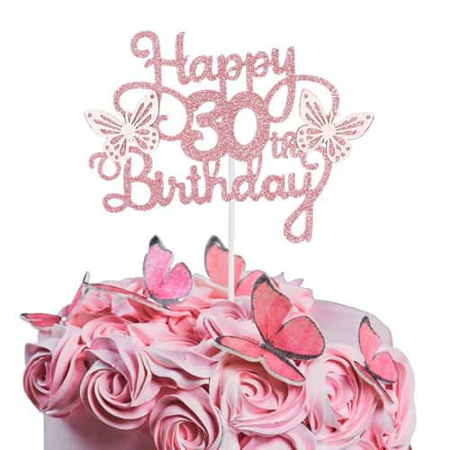 Bliceon Tortenaufsatz zum 30. Geburtstag, rosa 3D-Schmetterlings-Kuchenaufsätze, rosa Schmetterlingsparty-Dekorationen für Kuchen, Dekorationen, Mädchen, 30 Jahre alte Geburtstagsfeier von Bliceon