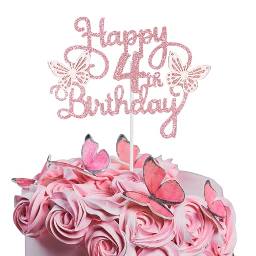 Bliceon Tortenaufsatz zum 4. Geburtstag, rosa 3D-Schmetterling-Kuchenaufsätze, rosa Schmetterlingsparty-Dekorationen für Kuchendekorationen, Mädchen, 4 Jahre alte Geburtstagsfeier von Bliceon