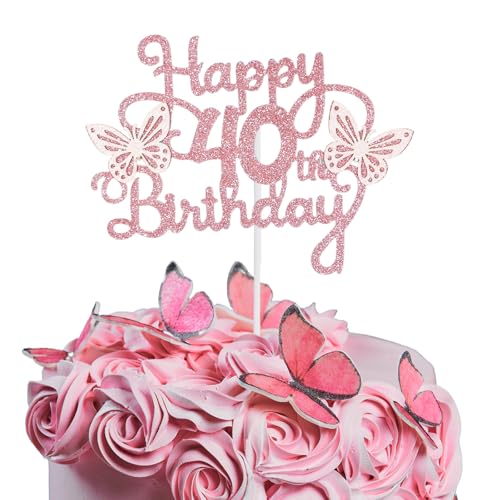 Bliceon Tortenaufsatz zum 40. Geburtstag, rosa 3D-Schmetterling-Kuchenaufsätze, rosa Schmetterlingsparty-Dekorationen für Kuchen, Dekorationen, Damen, 40 Jahre alte Geburtstagsparty von Bliceon