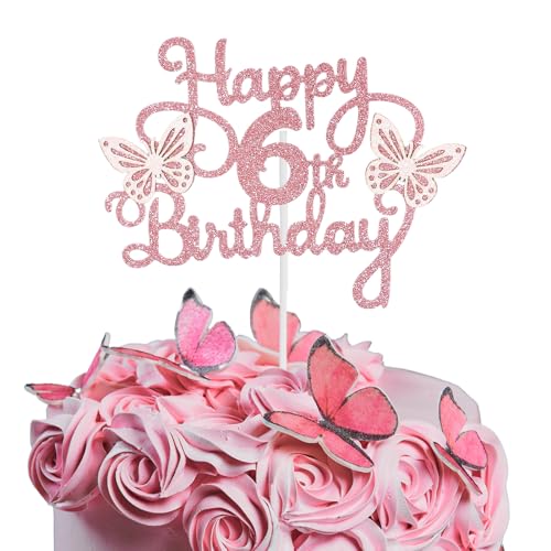 Bliceon Tortenaufsatz zum 6. Geburtstag, rosa 3D-Schmetterlings-Kuchenaufsätze, rosa Schmetterlingsparty-Dekorationen für Kuchen, Dekorationen, Mädchen, 6 Jahre alte Geburtstagsfeier von Bliceon