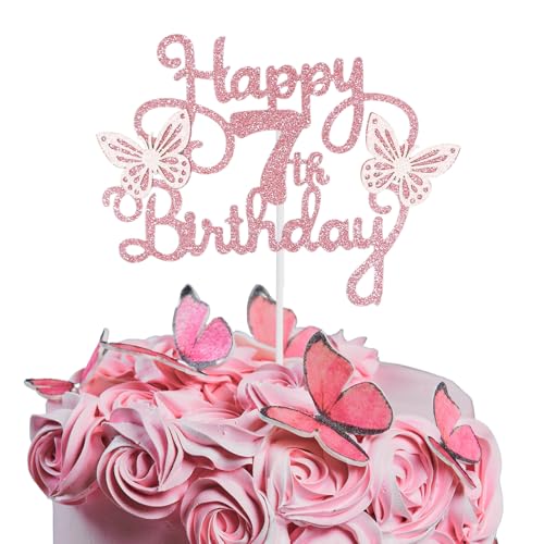 Bliceon Tortenaufsatz zum 7. Geburtstag, rosa 3D-Schmetterlings-Kuchenaufsätze, rosa Schmetterlingsparty-Dekorationen für Kuchendekorationen, Mädchen, 7 Jahre alte Geburtstagsfeier von Bliceon