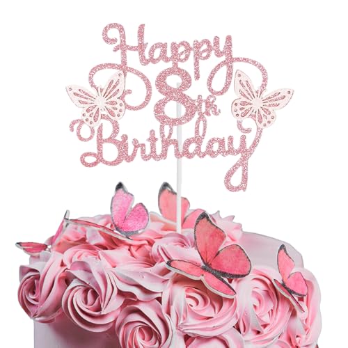 Bliceon Tortenaufsatz zum 8. Geburtstag, rosa 3D-Schmetterlings-Kuchenaufsätze, rosa Schmetterlingsparty-Dekorationen für Kuchendekorationen, Mädchen, 8 Jahre alte Geburtstagsfeier von Bliceon