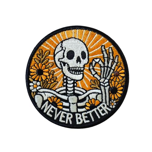 Never Better Skelett-Aufnäher, bestickt, 7,6 cm, Klettverschluss, lustig, für Helme, Turnbeutel, Jeans, Rucksäcke, Hüte, Kleidung, Jacken, Militär, Meme, DIY-Geschenk für Erwachsene Never Better Skelett-Aufnäher, bestickt, 7,6 cm, Klettverschluss, lustig, für Helme, Turnbeutel, Jeans, Rucksäcke, Hüte, Kleidung, Jacken, Militär, Meme, DIY-Geschenk für Erwachsene von Blimark