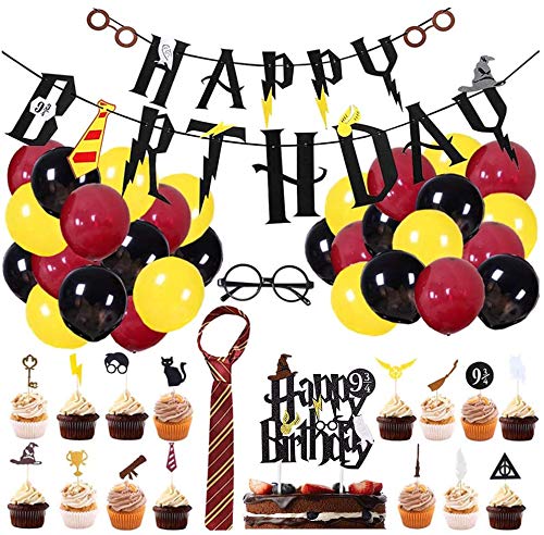 BlinBlin 49 Stück Geburtstagsdekoration für Hary Pot Party, Happy Birthday Banner Luftballons Gestreifte Krawatte Brillengestell, Cupcake Topper, Kinder HP 9¾ Geburtstagsparty Dekoration von BlinBlin