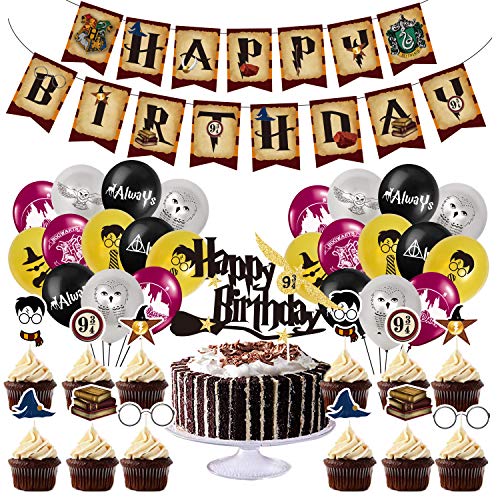 BlinBlin Geburtstagsdekorationen für Hary Pot Party, Magische Geburtstagsdekorationen, Happy Birthday Banner Ballons, Kuchendeckel, Cupcake Topper, Kinder HP 9¾ Geburtstagsfeier Dekorationen von BlinBlin