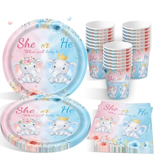 BlinBlin Baby-Elefant Gender Reveal Geschirr, Boy or Girl Gender Reveal Party Teller Set, Einschließlich Teller, Becher, Servietten, Gender Reveal Party Dekoration,für 16 Personen von BlinBlin