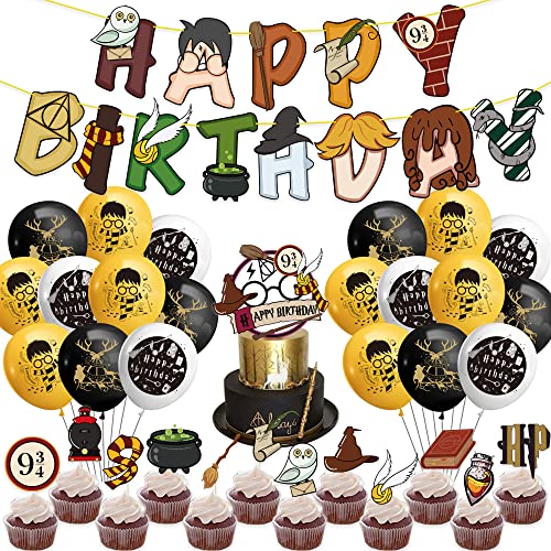 BlinBlin Geburtstagsdekorationen für Hary Pot Party, Magische Geburtstagsdekorationen, Happy Birthday Banner, Luftballons, Cupcake Topper, Kinder HP 9¾ Geburtstag Party Dekorationen von BlinBlin