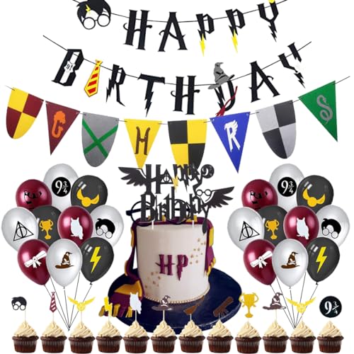 BlinBlin Geburtstagsdekorationen für Hary Pot Party, Zauberer Happy Birthday Mugle Banner, Magic Academy Burgee Filzbanner, Zauberer Ballons, Cupcake Topper für Kinder HP Theme Party Dekorationen von BlinBlin