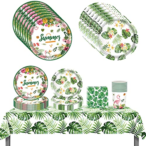 BlinBlin Hawaii-Party-Geschirr-Set für 16 Personen – Inkl. Teller, Becher, Servietten & Tischdecke – Flamingo & Palmen-Design – Sommerfest, Geburtstag, Poolparty, Hochzeit (Bunt, 16-teilig) von BlinBlin