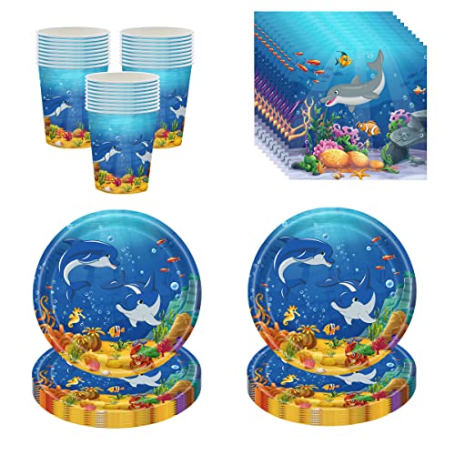 BlinBlin Ocean Theme Party Supplies, Little Fish Dolphin Birthday Party Decor Geschirr, Kids Party Decor Teller Tassen Tissue – 20 Personen von BlinBlin