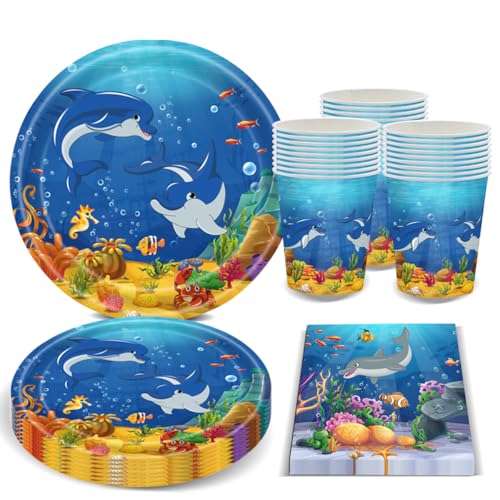 BlinBlin Ocean Theme Party Supplies, Little Fish Dolphin Birthday Party Decor Geschirr, Kids Party Decor Teller Tassen Tissue – 20 Personen von BlinBlin