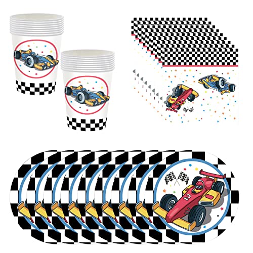 BlinBlin Rennen Partyzubehör für Jungen, Teiliges Racing Car Party Supplies, Rennauto Teller Becher und Servietten, Partydekoration, Partygeschirr für 16 Gäst von BlinBlin