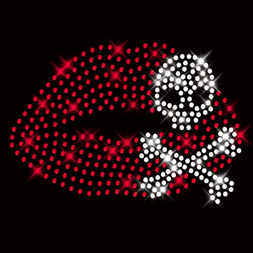 BlingelingShirts Strassmotiv Mund mit Totenkopf Lippen Strass iron-on Strass rot Bügelbild Totenkopf Strass Applikation zum Aufbügeln Hotfix ca. 140 x 100 mm von BlingelingShirts