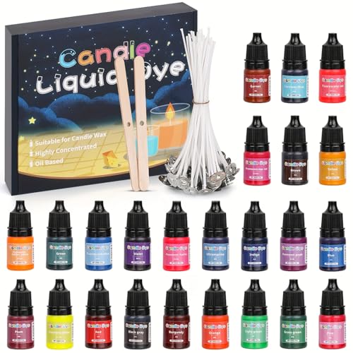 BlingFun Kerzenfarbe Set - 24 Farben hochkonzentrierte Öl-basierte Farben für Kerzen & Seifen, inkl. 20 Baumwolldochte & 2 Dochthaltern - Lebendige Farbpigmente für DIY Kerzenherstellung von Blingfun