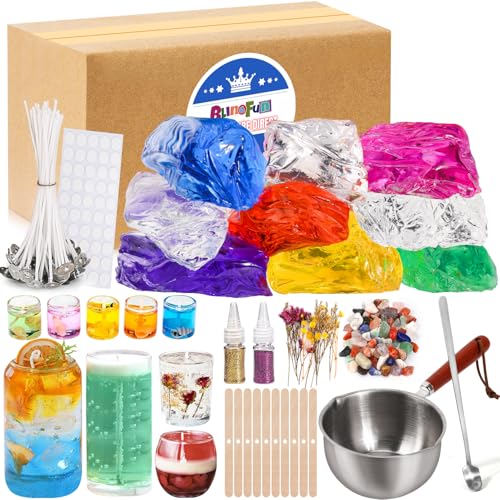 Gel Wachs Kerzen Bausatz,9pcs–7 Farben weiches Geleewachs für Gelwachskerzen, inklusive Dochte, Dochtaufkleber, Holzdochthalter und mehr, DIY-Starter-Kerzenherstellungsset von Blingfun