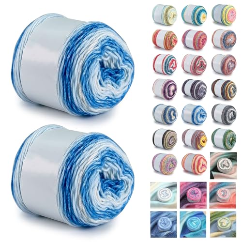 Farbverlaufsgarn 200-400g Cupcakes Baumwollgarn Mehrfarbiges Gradient Häkelgarn Schön Farbverlaufswolle Super Weich Häkelgarn Wolle Zum Stricken Elegante Pullover Hüte, Schal (Blau Weiß,200G) von BlissFabrics