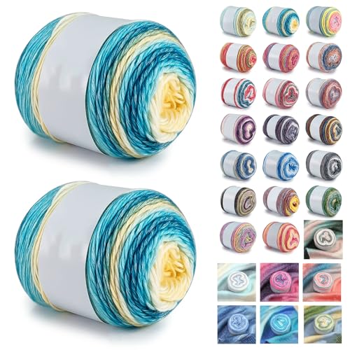 Farbverlaufsgarn 200-400g Cupcakes Baumwollgarn Mehrfarbiges Gradient Häkelgarn Schön Farbverlaufswolle Super Weich Häkelgarn Wolle Zum Stricken Elegante Pullover Hüte, Schal (Gelb Blau,200G) von BlissFabrics