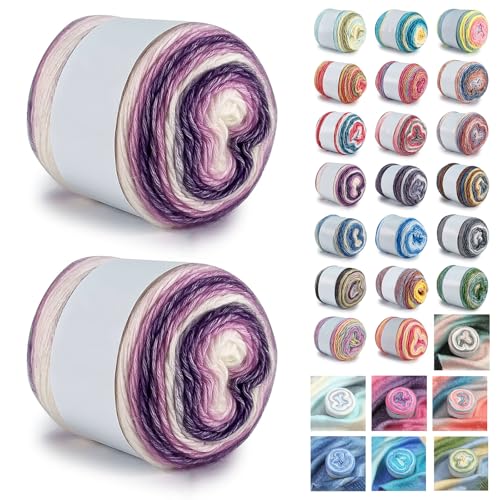 Farbverlaufsgarn 200-400g Cupcakes Baumwollgarn Mehrfarbiges Gradient Häkelgarn Schön Farbverlaufswolle Super Weich Häkelgarn Wolle Zum Stricken Elegante Pullover Hüte, Schal (Lila,200G) von BlissFabrics