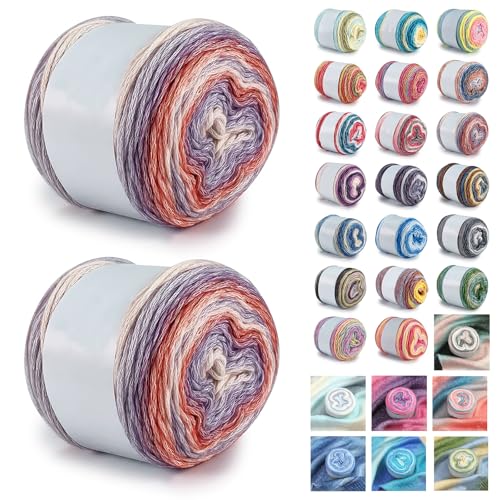 Farbverlaufsgarn 200-400g Cupcakes Baumwollgarn Mehrfarbiges Gradient Häkelgarn Schön Farbverlaufswolle Super Weich Häkelgarn Wolle Zum Stricken Elegante Pullover Hüte, Schal (Orange Lila,200G) von BlissFabrics