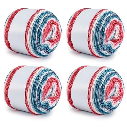 Farbverlaufsgarn 200-400g Cupcakes Baumwollgarn Mehrfarbiges Gradient Häkelgarn Schön Farbverlaufswolle Super Weich Häkelgarn Wolle Zum Stricken Elegante Pullover Hüte, Schal (Rot Blau Weiß,400G) von BlissFabrics