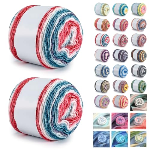 Farbverlaufsgarn 200-400g Cupcakes Baumwollgarn Mehrfarbiges Gradient Häkelgarn Schön Farbverlaufswolle Super Weich Häkelgarn Wolle Zum Stricken Elegante Pullover Hüte, Schal (Rot Blau Weiß,200G) von BlissFabrics