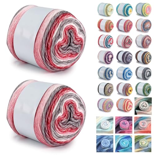 Farbverlaufsgarn 200-400g Cupcakes Baumwollgarn Mehrfarbiges Gradient Häkelgarn Schön Farbverlaufswolle Super Weich Häkelgarn Wolle Zum Stricken Elegante Pullover Hüte, Schal (Rot Weiß,200G) von BlissFabrics