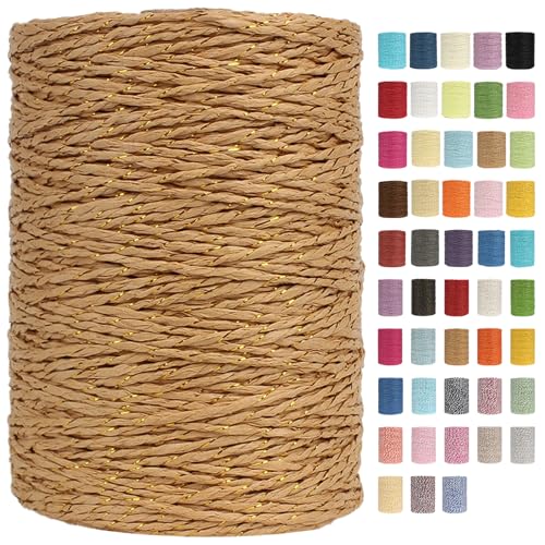 Raffia Garn Zum Häkeln Papiergarn Bast 2mm X 300m Geflochten Raffia Papierdraht, Weiches Geflochtenes Bastband Natur, Strickgarn Bast Zum Häkeltaschen, Körbe, Hüte Handarbeiten (Braun/Gold,2mm) von BlissFabrics