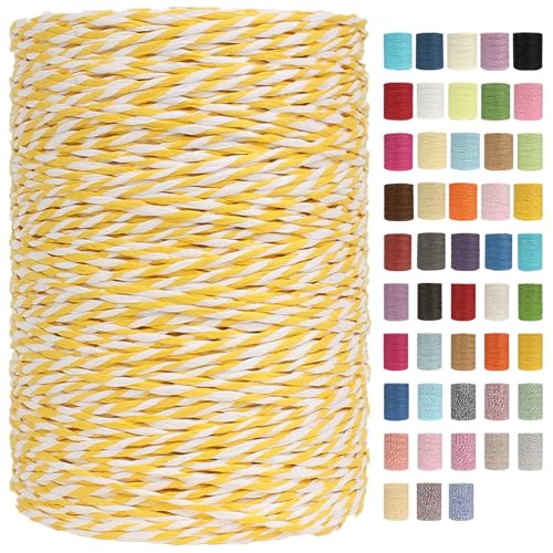 Raffia Garn Zum Häkeln Papiergarn Bast 2mm X 300m Geflochten Raffia Papierdraht, Weiches Geflochtenes Bastband Natur, Strickgarn Bast Zum Häkeltaschen, Körbe, Hüte Handarbeiten (Gelb/Weiß,2mm) von BlissFabrics