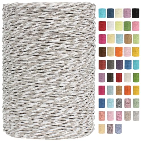 Raffia Garn Zum Häkeln Papiergarn Bast 2mm X 300m Geflochten Raffia Papierdraht, Weiches Geflochtenes Bastband Natur, Strickgarn Bast Zum Häkeltaschen, Körbe, Hüte Handarbeiten (Grau/Weiß,2mm) von BlissFabrics