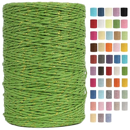 Raffia Garn Zum Häkeln Papiergarn Bast 2mm X 300m Geflochten Raffia Papierdraht, Weiches Geflochtenes Bastband Natur, Strickgarn Bast Zum Häkeltaschen, Körbe, Hüte Handarbeiten (Grün/Gold,2mm) von BlissFabrics