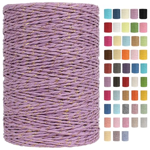 Raffia Garn Zum Häkeln Papiergarn Bast 2mm X 300m Geflochten Raffia Papierdraht, Weiches Geflochtenes Bastband Natur, Strickgarn Bast Zum Häkeltaschen, Körbe, Hüte Handarbeiten (Lila/Gold,2mm) von BlissFabrics
