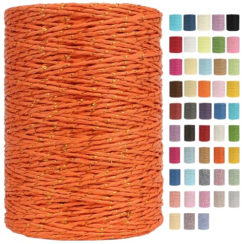 Raffia Garn Zum Häkeln Papiergarn Bast 2mm X 300m Geflochten Raffia Papierdraht, Weiches Geflochtenes Bastband Natur, Strickgarn Bast Zum Häkeltaschen, Körbe, Hüte Handarbeiten (Orange/Gold,2mm) von BlissFabrics